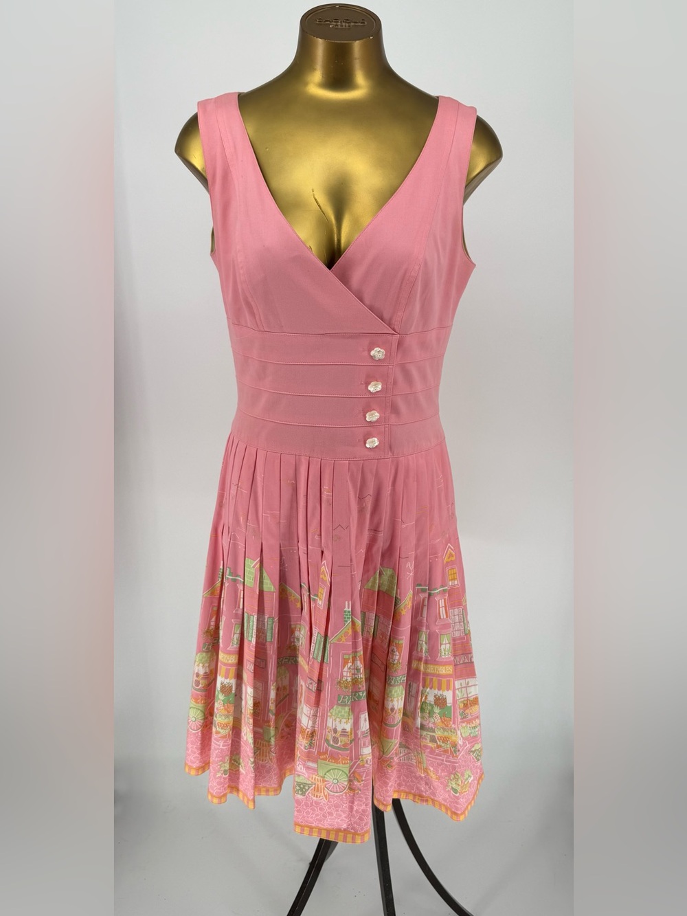 Kay Unger Pink Novelty Village Border Print Pleated Dress Size 8